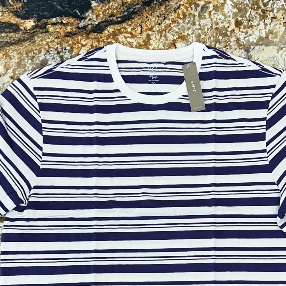 NWT J. Crew Men's Navy Pulse & White Stripe Cotton Crewneck T-Shirt